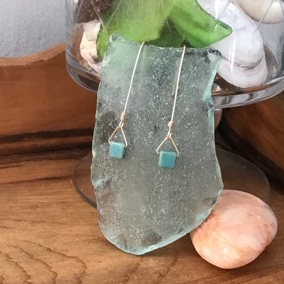 Handmade Dainty Geometric Turquoise Glass Earrings - Picture 3 of 4